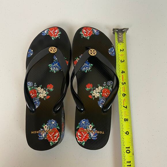 Tory Burch Cut Out Wedge Flip Flop Toe Post Sandals Shoes Black Tea Rose - Picture 9 of 9